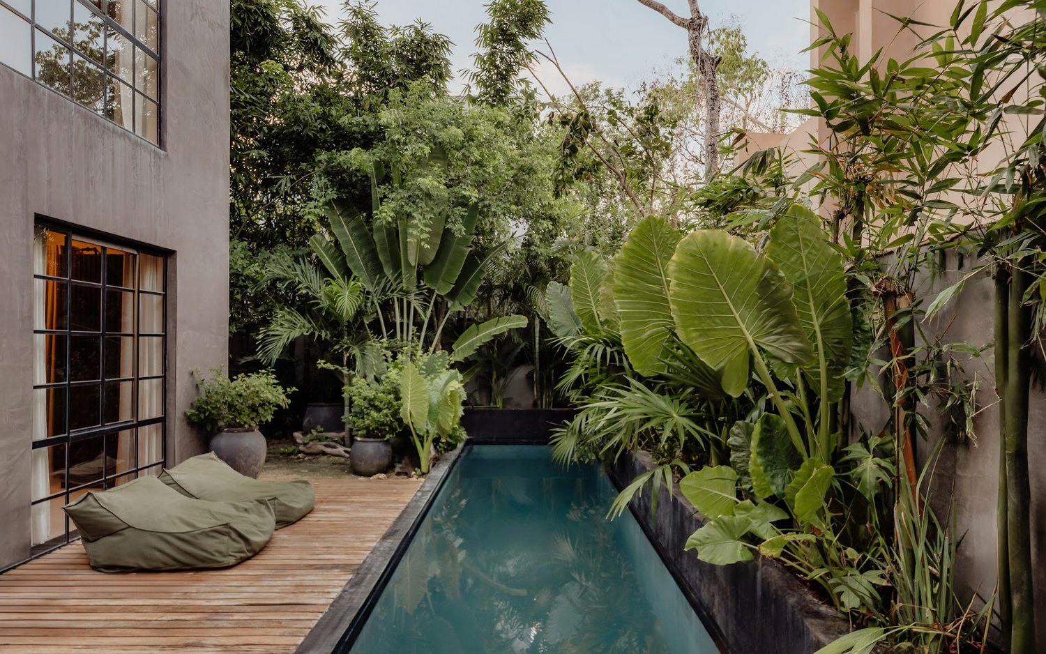 The lower pool, wrapped in garden — the quiet counterpoint to the rooftop plunge pool.